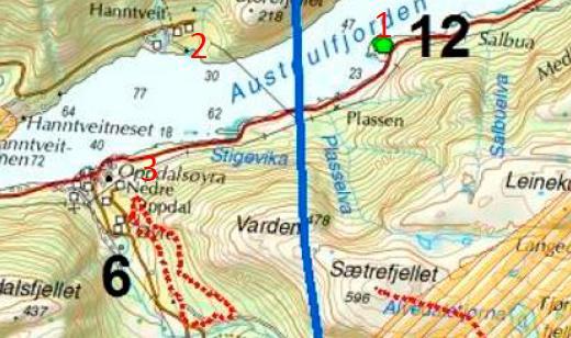 Side 23 Figur 9: Bebyggelse i nærheten avl traseen ved kryssing av Austgulfjorden. Bebyggelsen ved Hanntveit (merket med nr. 2) vises på nordsiden av Austgulfjorden, og Oppdalsøyra (merket med nr.
