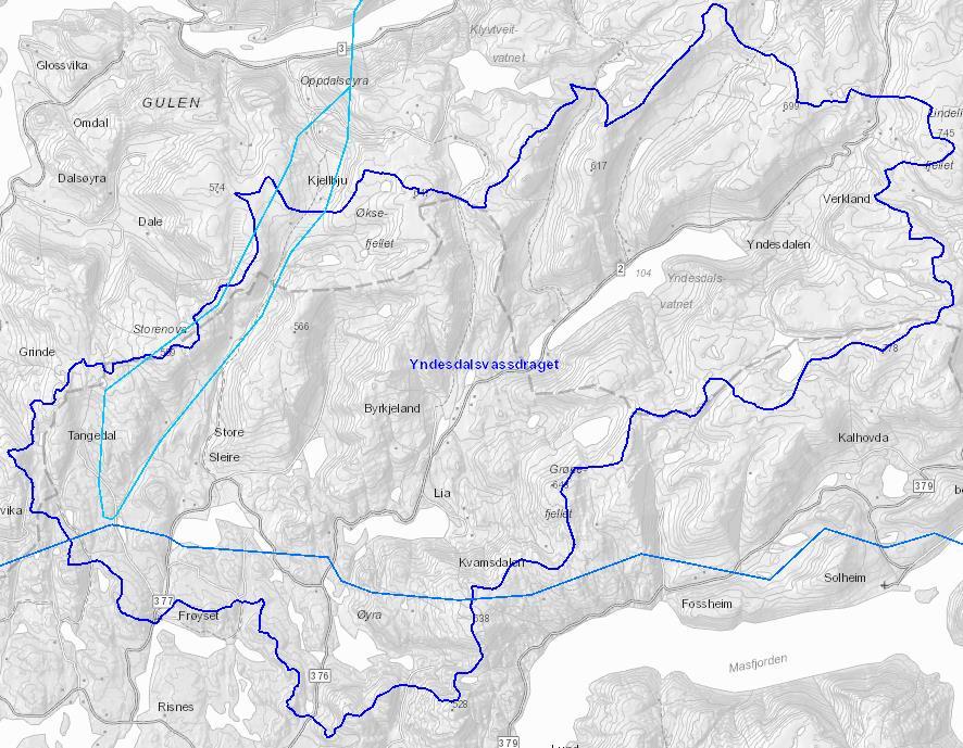 Side 41 Figur 21: Nedbørsområdet for Yndesdalsvassdraget. Alternativ 1A og tidligere omsøkt alternativ 3 er vist lyseblåstrek. Konsesjonsgitt 420 kv kraftledning er vist med blå strek.