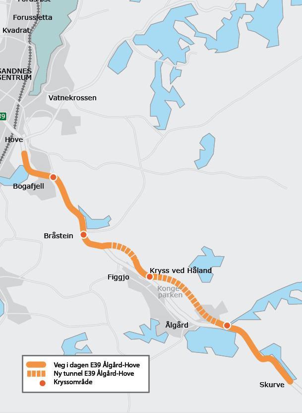 E39 Ålgård-Hove E39 Ålgård-Hove består av ca. 14 km ny 4- felts motorveg fra Ålgård i Gjesdal kommune til Hove i Sandnes kommune.