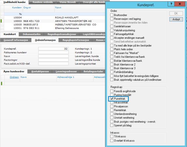 Følgende må gjøres før man lager purreforslag 2 1. Sette purrefritak eller inkassofritak på kundenivå Dette settes på kundekortet under Vedlikehold kunder. Velg aktuell kunde, hent opp kundepref.