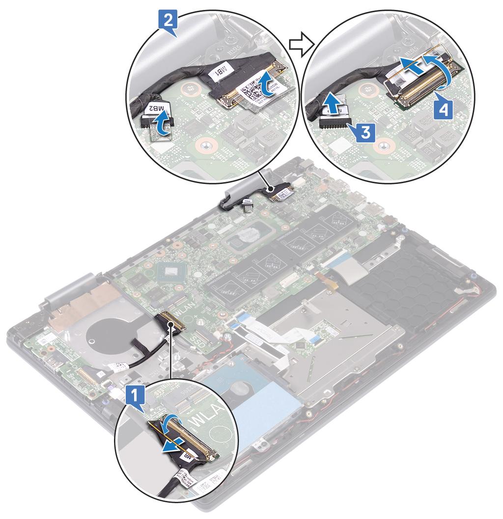 5 Koble kabelen til strømadapterporten fra hovedkortet. 6 Fjern (M2x3)-skruene som fester USB Type-C-portbraketten til hovedkortet og håndleddstøtten. 7 Løft USB Type-C-portbraketten fra hovedkortet.