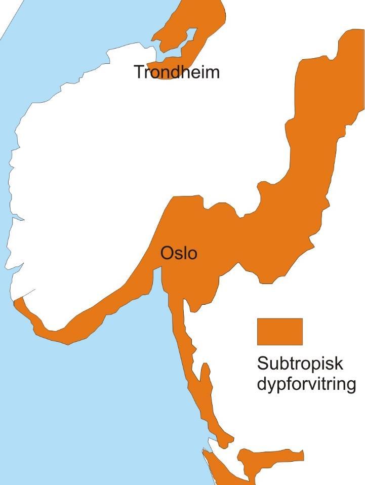 Figur 1-1: Områder med rester av subtropisk dypforvitring i sprekkesoner og mye leirholdig berggrunn i Sør- Norge og Sør-Sverige.