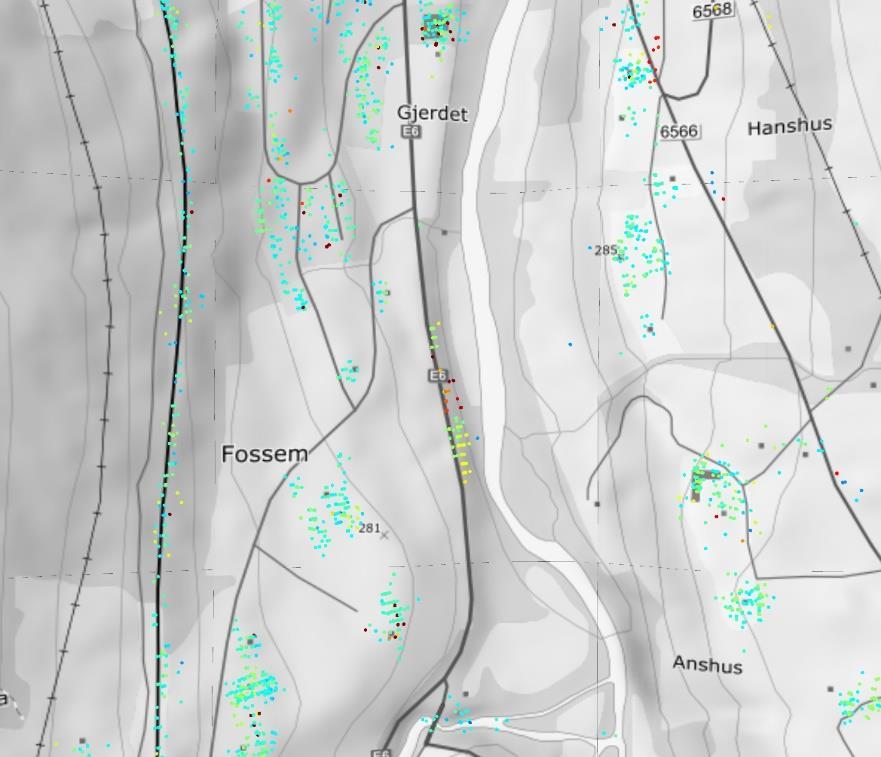 Figur 9-5 Kartutsnitt nær Vindåsliene som viser område med innsynkning langs nåværende E6. De røde punktene viser innsynkning på ca. 15 mm/år. 9.4 Kjente problemer med datasettet Karttjenesten er fortsatt under utvikling frem til 2020.