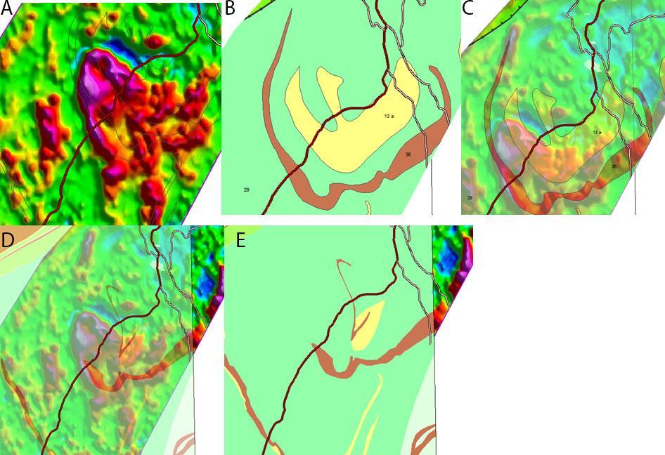 Figur 2-2: Inntegnede bergartsgrenser ved Dragset (kartblad Rennebu,1520-1), er ikke i samsvar med flymagnetiske data (Olesen, o.a., 2015), hverken på det berggrunnsgeologiske kartet i målestokk 1:50.