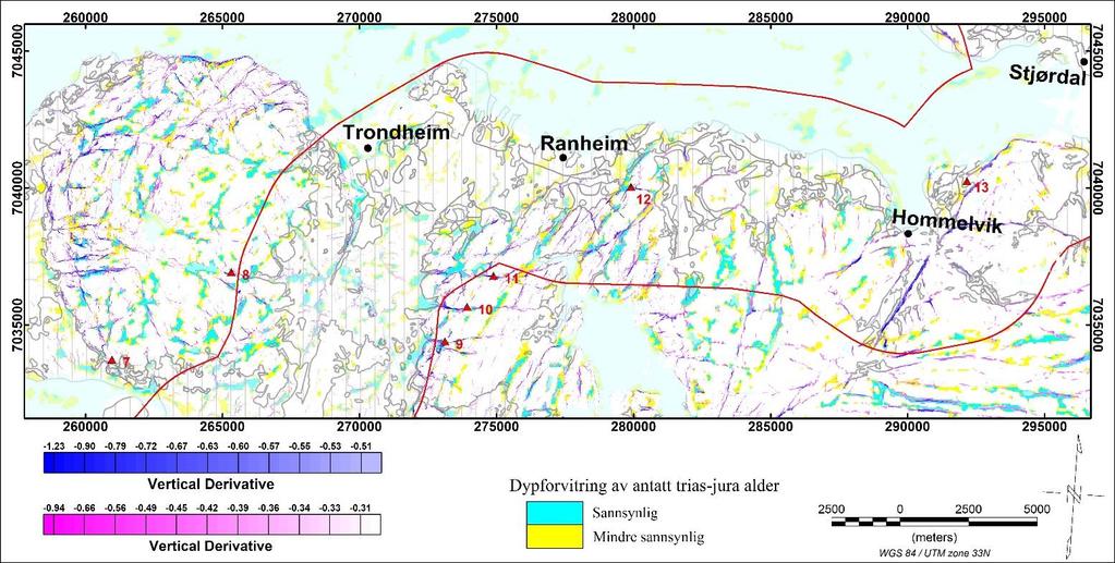 Figure 3-10: Zoomed image from the map shown in Figure 3-8 for weathering locations 7-13 around Trondheim from Byneset to Hommelvik.