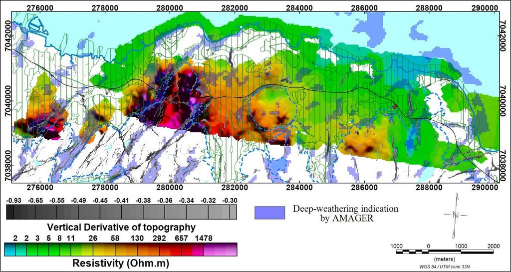 Figure 3-15: SKYTEM resistivity (light blue to pink) between 350 m to 400 m depth together with indicated deepweathering zones using topography alone (grey) and