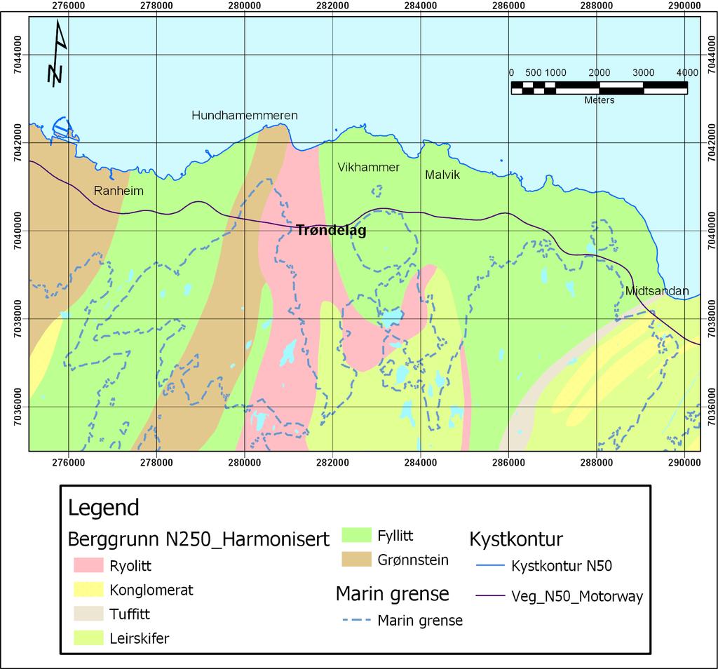 respectively. Figure 3-16: Bedrock map from the Ranheim-Hommelvik area. The hatched areas (covered with marine sediments) show a relatively low resistivity < 100 Ohm.m indicating marine clay deposits.