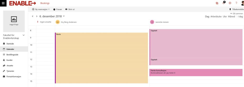Microsoft Bookings i Office 365 Veilederen Admingrensesnittet bakenfor gir veilederen mulighet til å avlyse/flytte på avtaler og se status på andre som evt har samme kalender