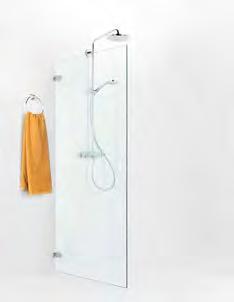 Dusj Porsgrund Design Dusjdør Stilren dusjdør uten profiler med hengler i krom som festes til vegg. Døren kan åpnes både utover og innover. Rektangulært grep i glasset, ingen håndtak.