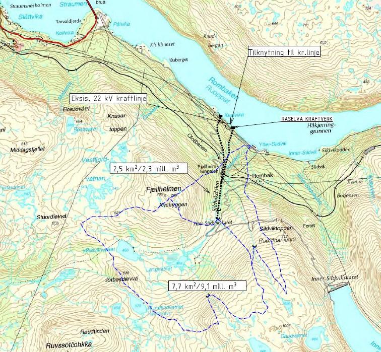 fjorden nedenfor veien til Ytter-Sildvik. Kraftstasjonen vil bli synlig fra veien og skal bygges i betong og tre. Figur 1.