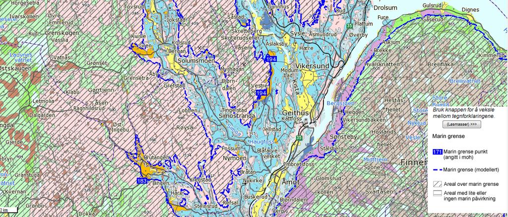Glasifluviale avsetninger i Vikersund Krøderen området (orange) og marin grense (blått) Avsetningene ble dannet av glasiale elver, dvs fra smeltevann fra en isbre eller innlandsis.