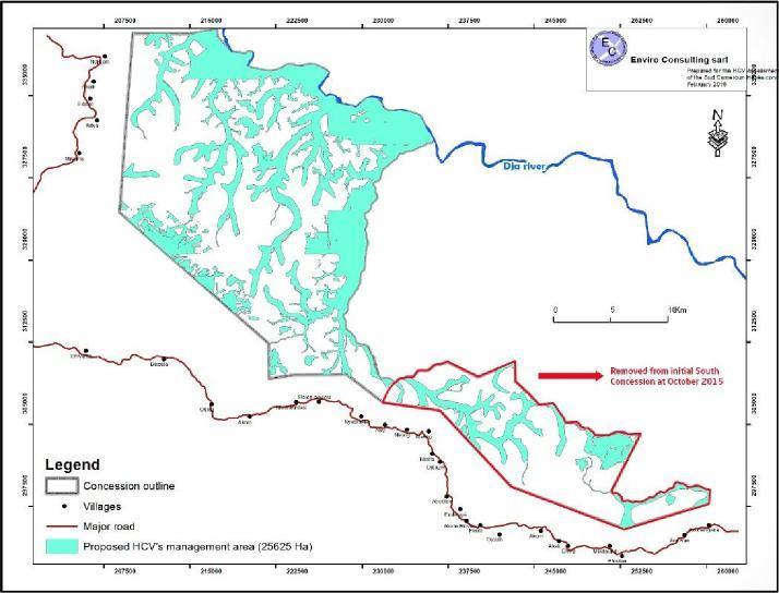 eller truede økosystemer og habitater. 14 Alle 6 HCV-verdiene ble funnet i konsesjonsområdet. I 2015 ble den sørlige konsesjonen redusert til 137 km 2.