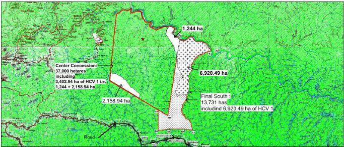 Figur 6: Kart som viser hvilke HCV-områder som Halcyon oppgir å ha satt av som verneområder. Satellittbilder viser at nærmere 16 km 2 med HCV-skog ble fjernet mellom 30 desember 2015 og 8.