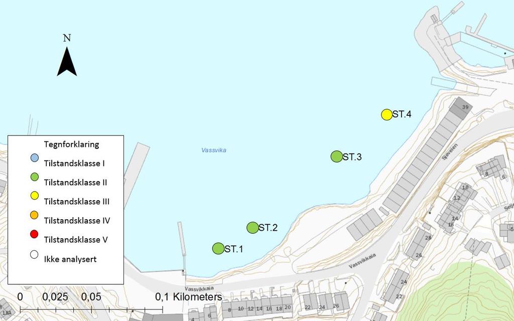 Vannkanten Miljøgeologisk undersøkelse, sjøbunnsediment multiconsult.no Det er påvist forhøyede konsentrasjoner av TBT tilsvarende tilstandsklasse III (moderat miljøtilstand) i ST.4.