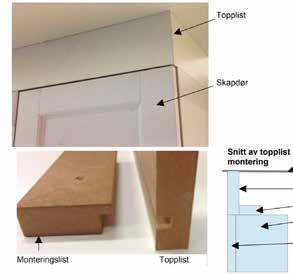 LISTVERK Bruk av topplist Juster/kapp topplistene slik at de får riktig høyde mot taket. Tilpass topplistene til riktig lengde og hjørner over skaprekkene. Husk listene skal gjæres i hjørne.