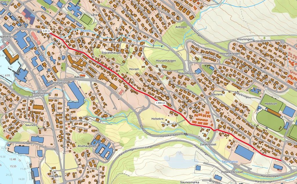 2. HØDDVOLL VIA HØDDVEIEN OG HOLSKERVEIEN TIL KRYSSET FØR BIBLIOTEKET Om ruten: Ca. 1,56 km lang. Frakte de som skal trene på Høddvoll tur/retur sentrum.