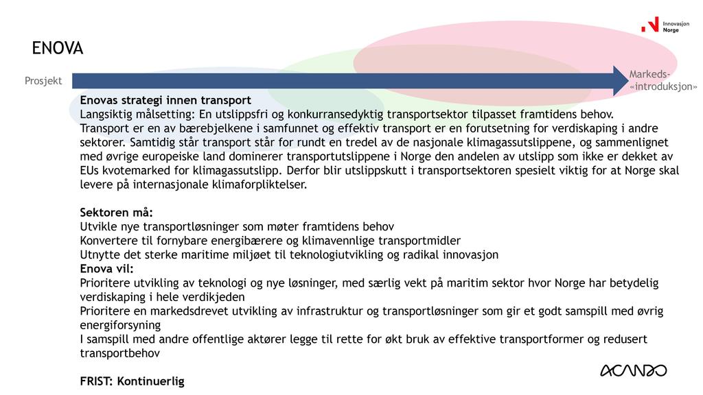 ENOVA Prosjekt Markeds- «introduksjon» Enovas strategi innen transport Langsiktig målsetting: En utslippsfri og konkurransedyktig transportsektor tilpasset framtidens behov.