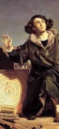 Copernicus påviser at sola står i sentrum av universet, Copernicus med det nye biletet av universet, måleri av Jan Matejko og Galileo Galilei kjem fram til at universet er uendeleg.