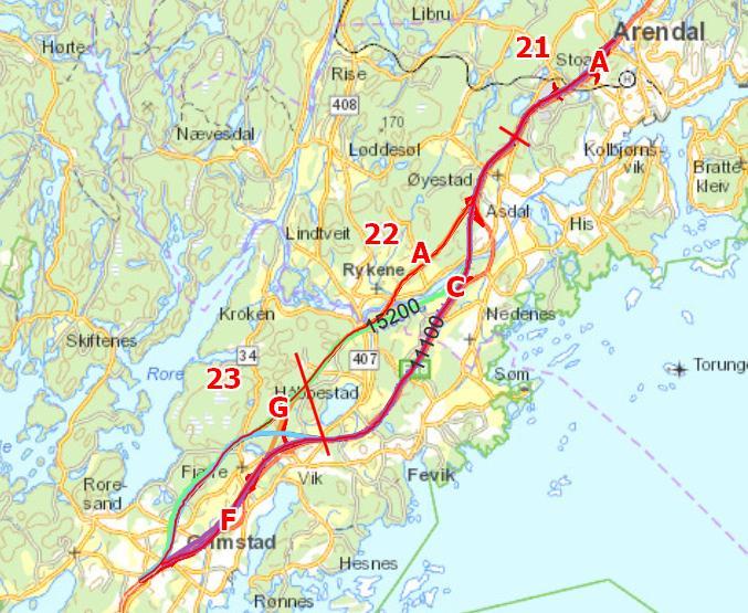 3 Arendal Grimstad 3.1 Etappevis utbygging Anbefalt linje fra Arendal til Grimstad, har to hovedprinsipp, enten utvidelse fra 2-til 4-felt eller ny 4-felts vei nær dagens E18.