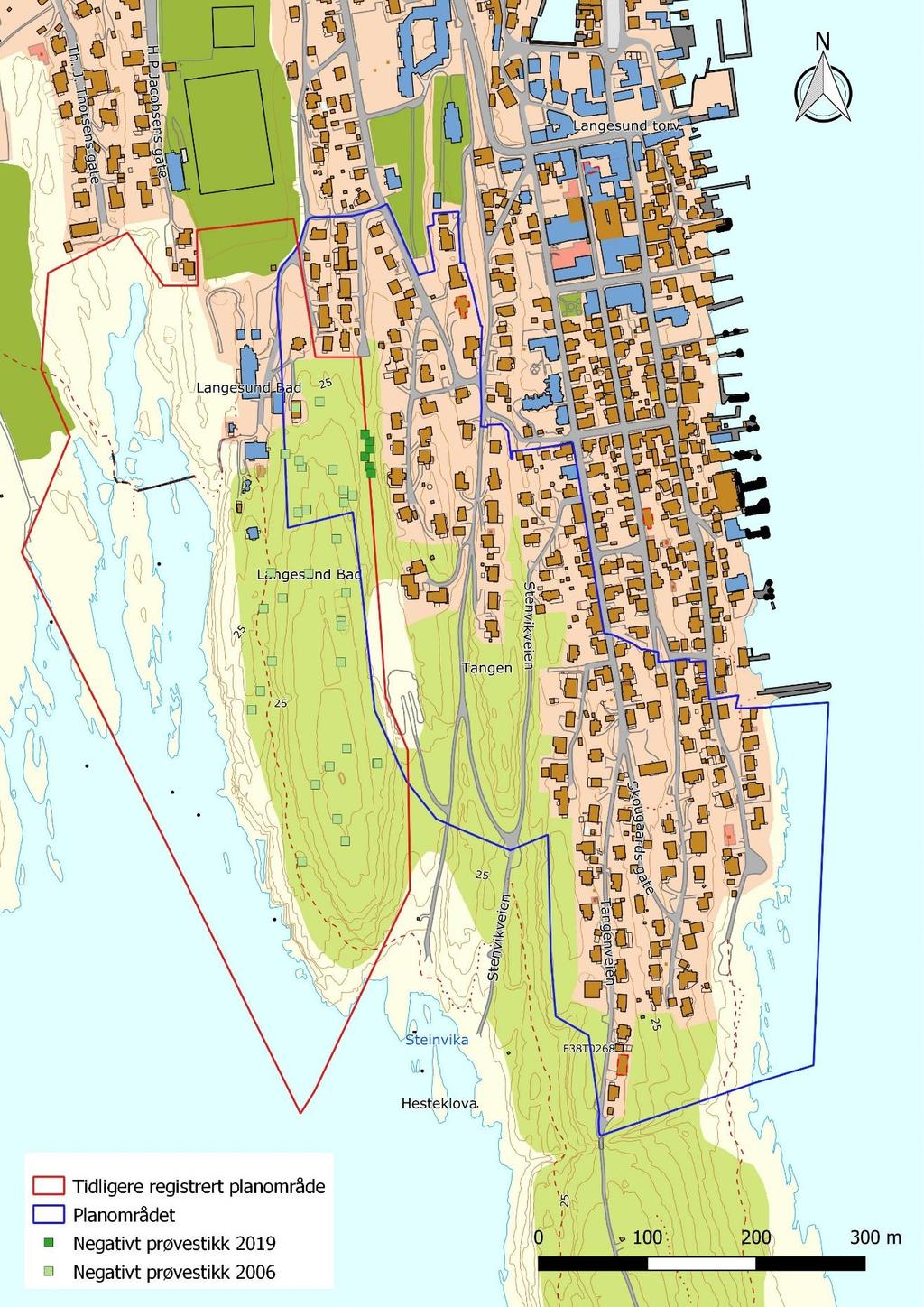 Rapport arkeologisk registrering 11 Røys av sprengstein Figur 4. Kart over planområdet med negative prøvestikk avmerket.