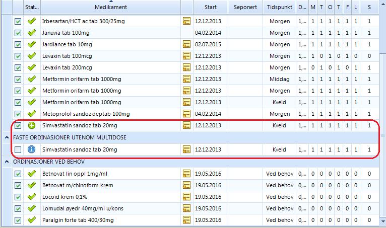 NB! Dersom et medikament er lagt inn manuelt før man mottar nytt ordinasjonskort elektronisk, vil dette medikamente ligge dobbelt i sammenstillingsmodulen når det mottas nytt ordinasjonskort hvor den