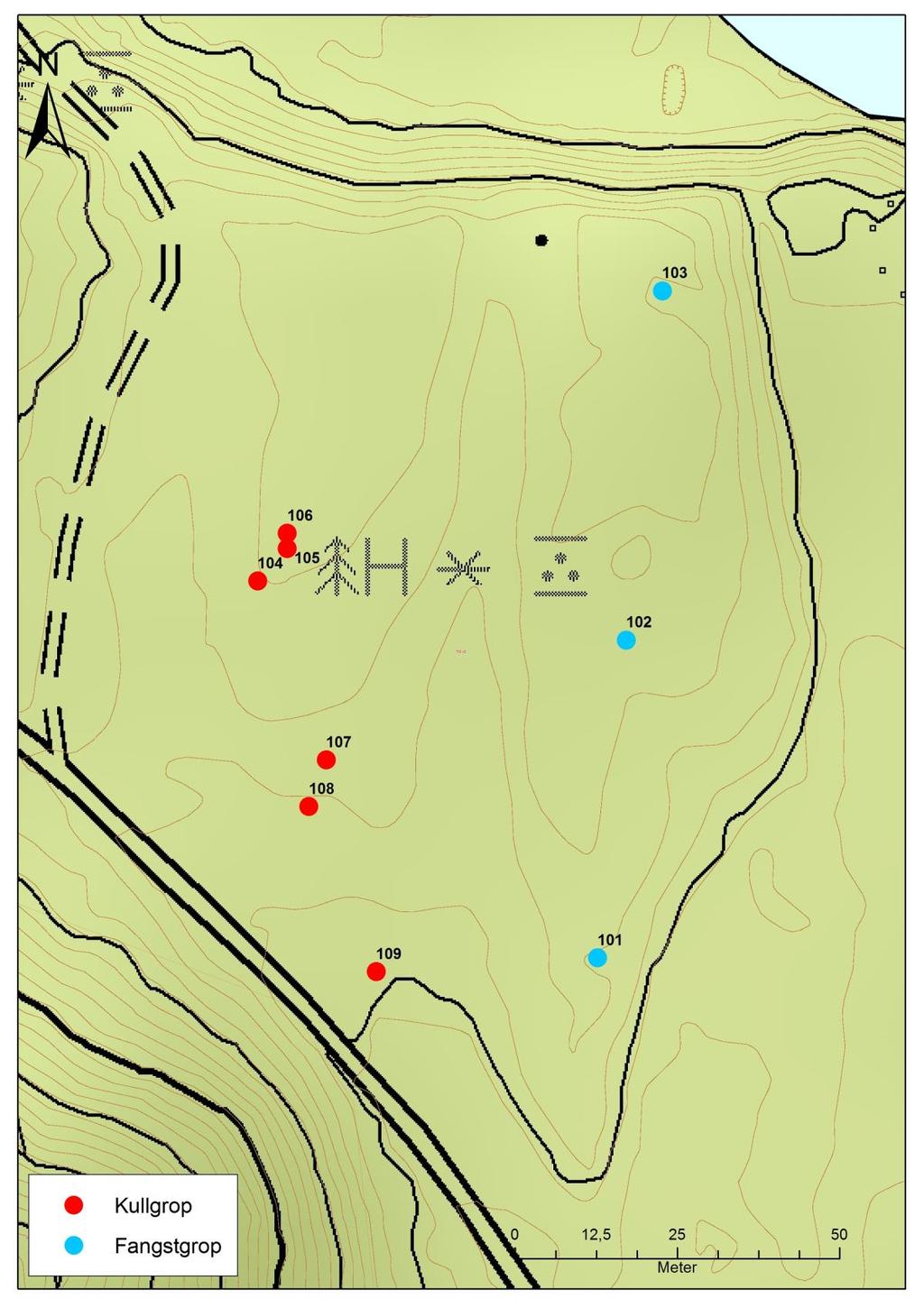 Figur 7: Oversiktskart over fangstgropene og kullgropene på Høyby (Kartgrunnlag: