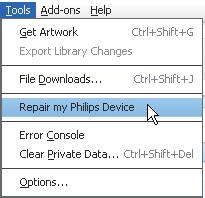 12 Reparere spilleren via Philips Songbird Tips Etter at du reparerer spilleren, fjernes CD-ROMpartisjonen og installeringsprogrammet for Philips Songbird fra spilleren.