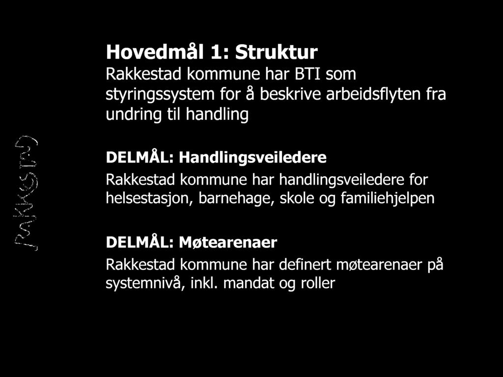 Hovedmål 1: Struktur Rakkestad kommune har BTI som styringssystem for å beskrive arbeidsflyten fra undring til handling DELMÅL: Handlingsveiledere Rakkestad kommune har