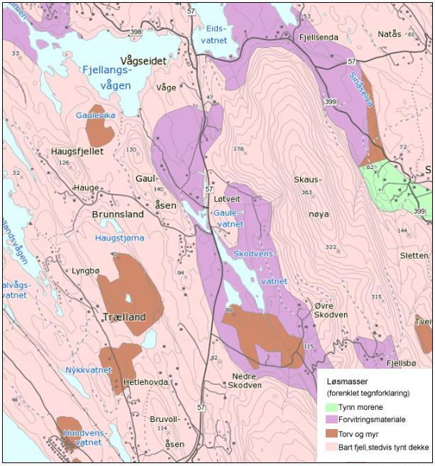 2.2 Løsmasser Løsmassene i planområdet består av forvitringsmateriale, torv og myr, samt store områder markert med bart fjell.
