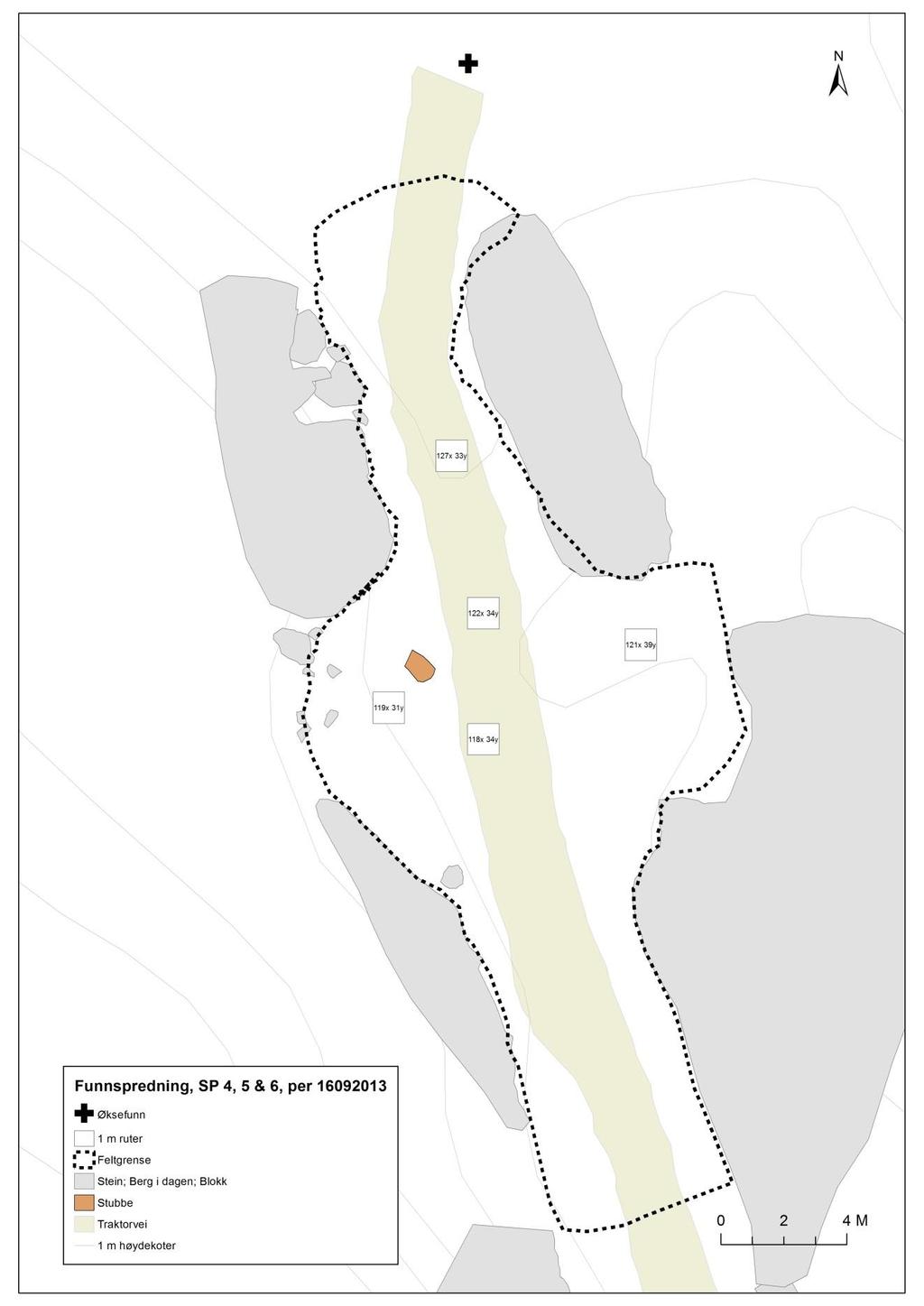 Figur 2. Oversiktskart over Stokke/Polland lok 4 med prøveruter, innmålt løsfunn av nøstvetøks og traktorvei.