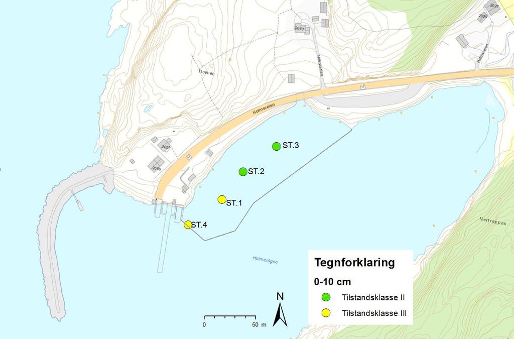 Holm fergeleie Miljøgeologiske undersøkelser av sjøbunnsedimenter multiconsult.no 6 Konklusjon Figur 7: Holm fergeleie. Prøvestasjoner markert med fargesymbol for høyeste påviste tilstandsklasse. 5.