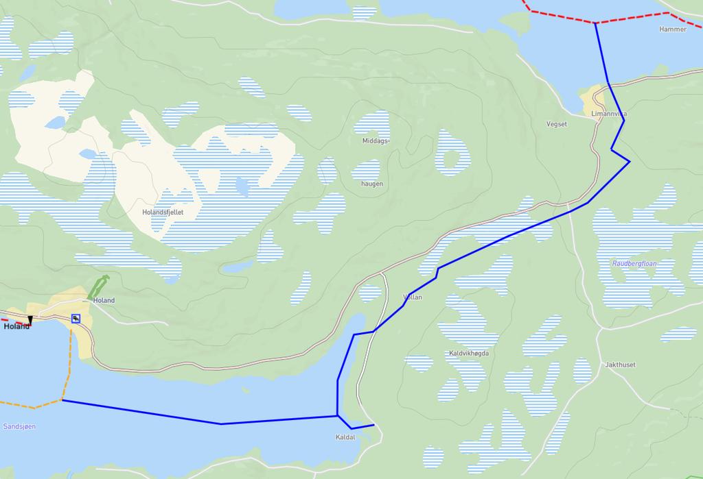 Utredninger og vurderinger: løype fra Limannvika til Kalldal og Holand Løypen er om lag 13,5 km, hvorav, ca 6 km går på innsjø og ca 2 km går på/ved veg og 5,5