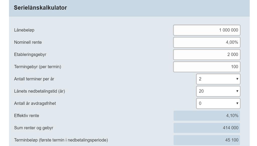 b) Bruk lånekalkulatoren for serielån på smartepenger.no og gjør samme oppgave som i punkt a) med den forskjell at du velger 2 terminer per år. (Pass på at du velger serielån!