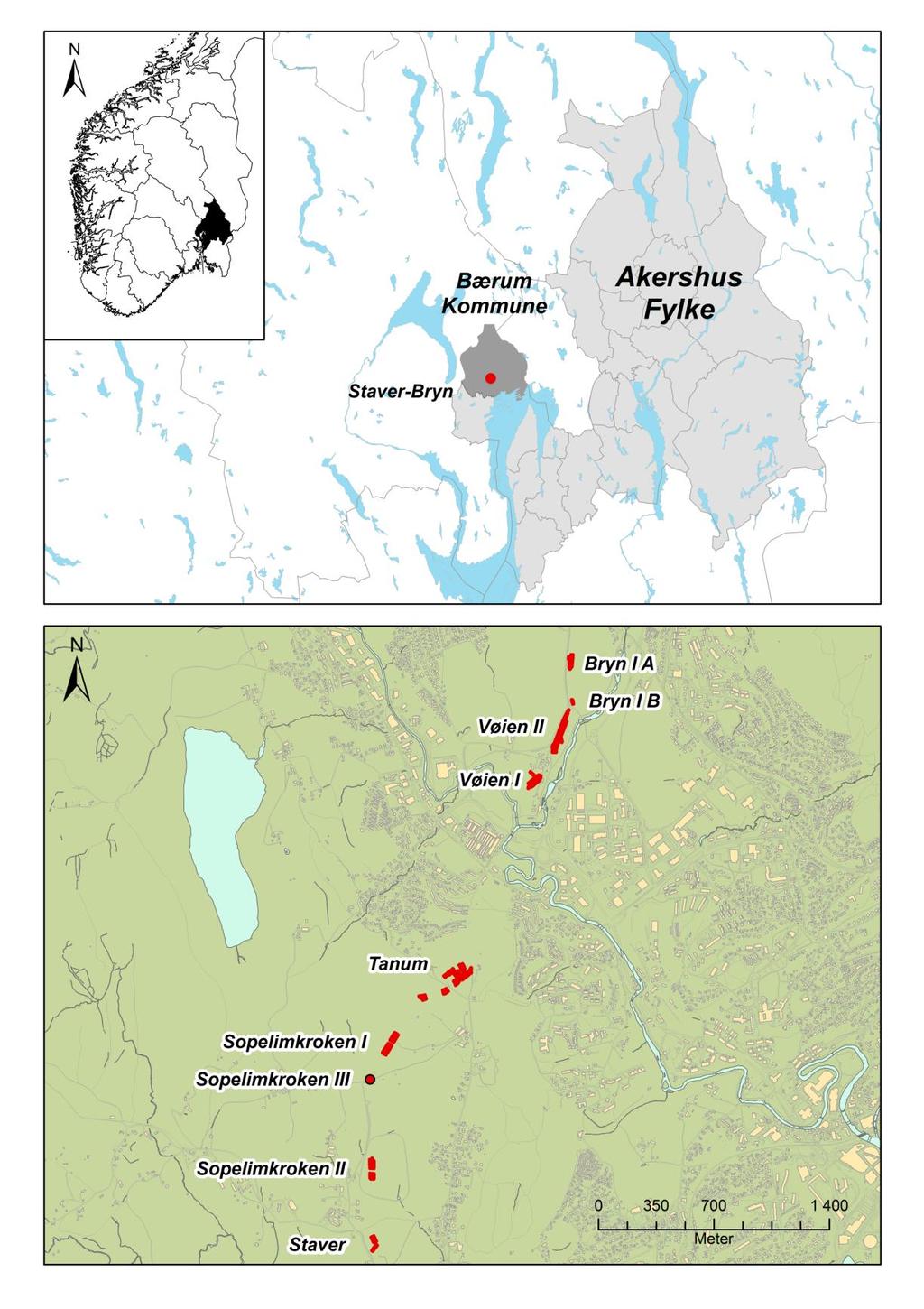 Figur 1: Øverst: Oversiktskart over Sør-Norge og Bærum med prosjektområdet avmerket.