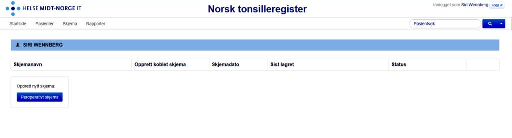 4. HOVEDSIDE 4.1 STARTSIDE På denne siden finnes fanene: Startside (4.1), Pasienter (4.2), Skjema (4.3) og Rapporter (4.4). 4.2 FINN PASIENT 1) Søk opp pasient med fødselsnummer 11 siffer i feltet «Pasientsøk».