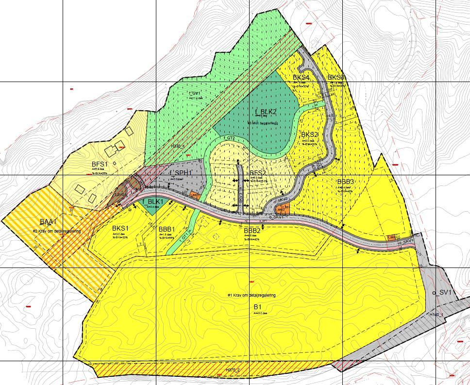 - BFS1: 5857,0 m2 i ny plan ingen endring, området er 5857,0 m2 i gjeldende plan - BFS2: 4956,4 m2 i ny plan redusert fra 5000,1