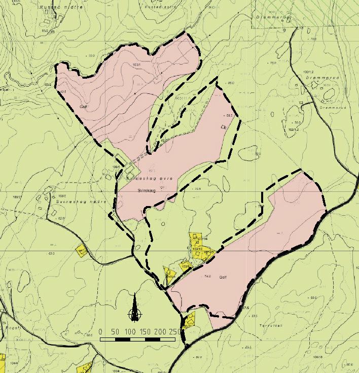 Figur 4 Justert avgrensning (stiplet) i forhold til areal avsatt i kommuneplanens arealdel (rosa) Reguleringsplaner Området er uregulert.
