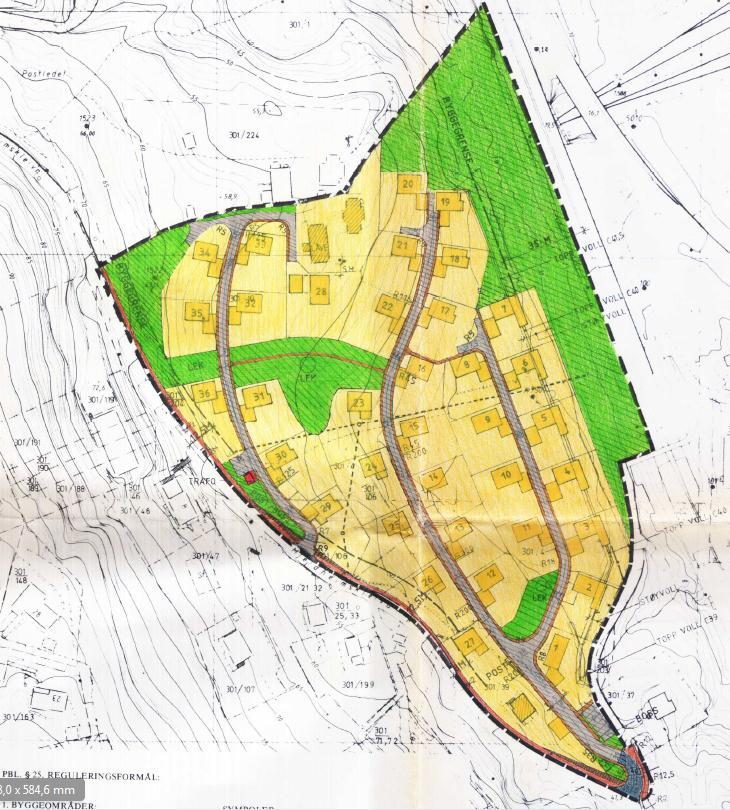 Figur 6: Bebyggelsesplan Mjeldheim 4 Beskrivelse av planområdet med omgivelser (dagens situasjon) Forslag til utvidet planområde er vist på firgur 7. Området som er ca.