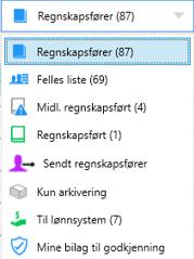 Regnskapsfører - Arbeidslister og standard filtrerte lister Rettigheter for Regnskapsføring kan du definere i AdminWeb\Klientoppsett\Brukere.