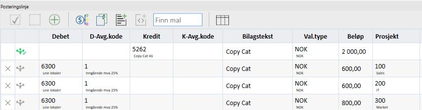 11. Klikk Utfør. Etter noen sekunder blir radene opprettet med korrekte avdelinger, kontoer og Avg.kode. Radene fordeles og godkjennes på vanlig måte.