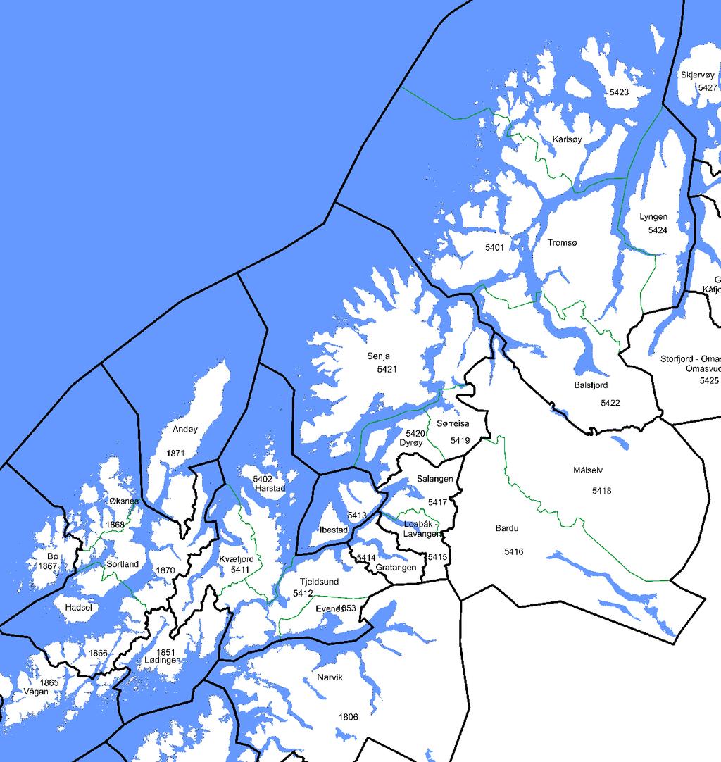 Figur 4.8 BA-regioner i Troms. Tabell 4.138 og pendling i BA-region Ibestad. 2017. Minutter og prosent. 5413 Ibestad 12,48 63,24 63,24 401 6 Rest, egen BA-region Tabell 4.