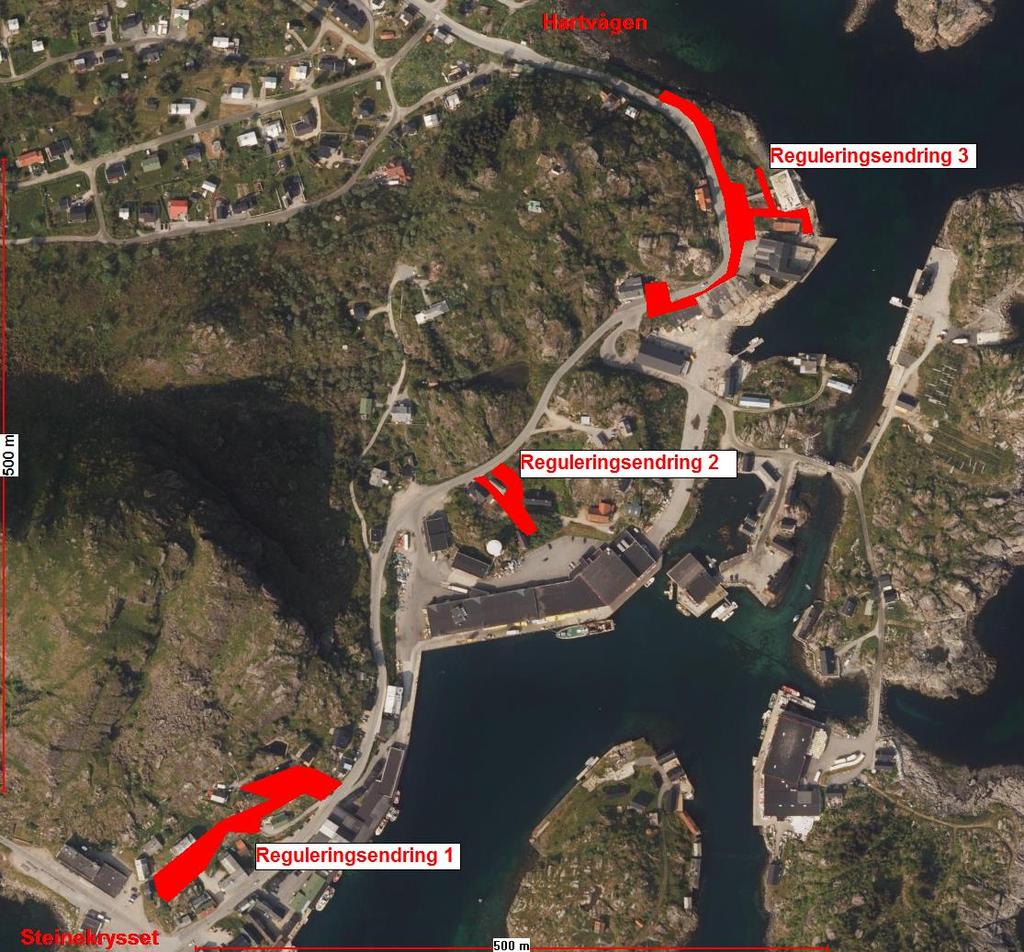 3 Bakgrunn for reguleringsendring 3.1 Planområdet Ortofoto for del av Stamsund. Rød markering angir områder som det foreslås reguleringsendringer.