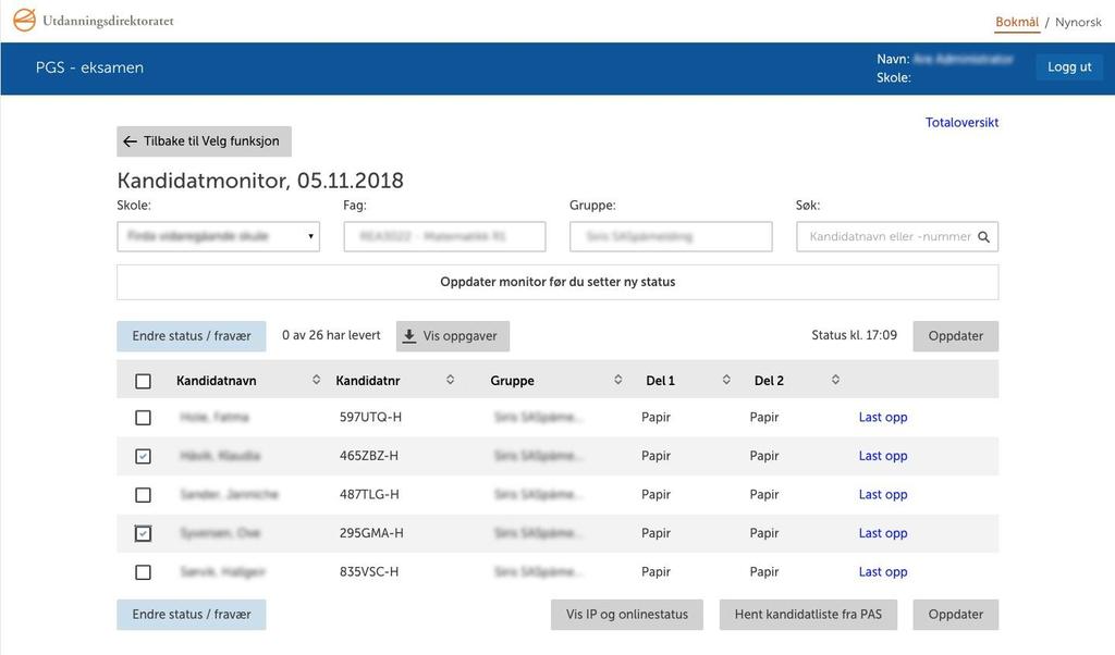 Gi digiatal tilgang til kandidatmonitor Som et alternativ til dagspassord kan eksamensvakt endre status til