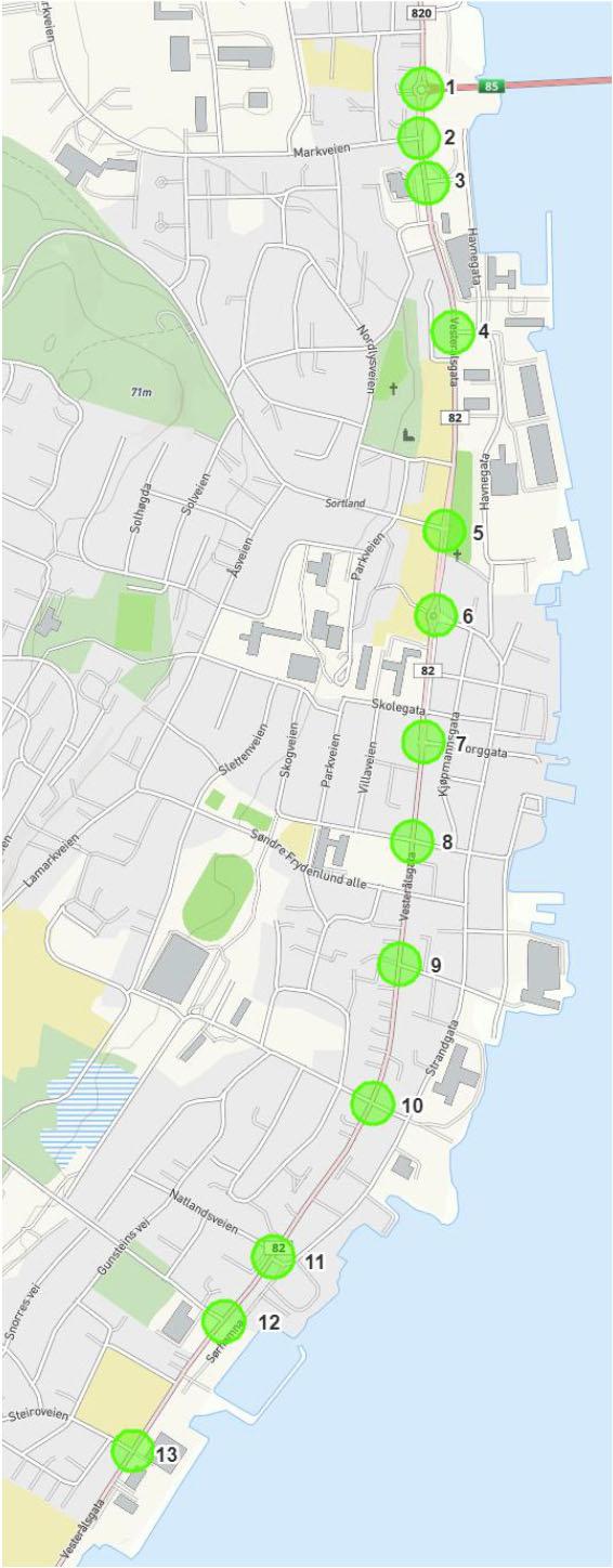 Trafikkanalysen Trafikkmengden på Fv.82 Vesterålsgata: I dag; like under 12.000 på den mest belastede strekningen gjennom sentrum. Frem mot år 2030: godt over 12.000. Dette er over grensa for hvor Statens vegvesen anbefaler 4 felt for nye veger.