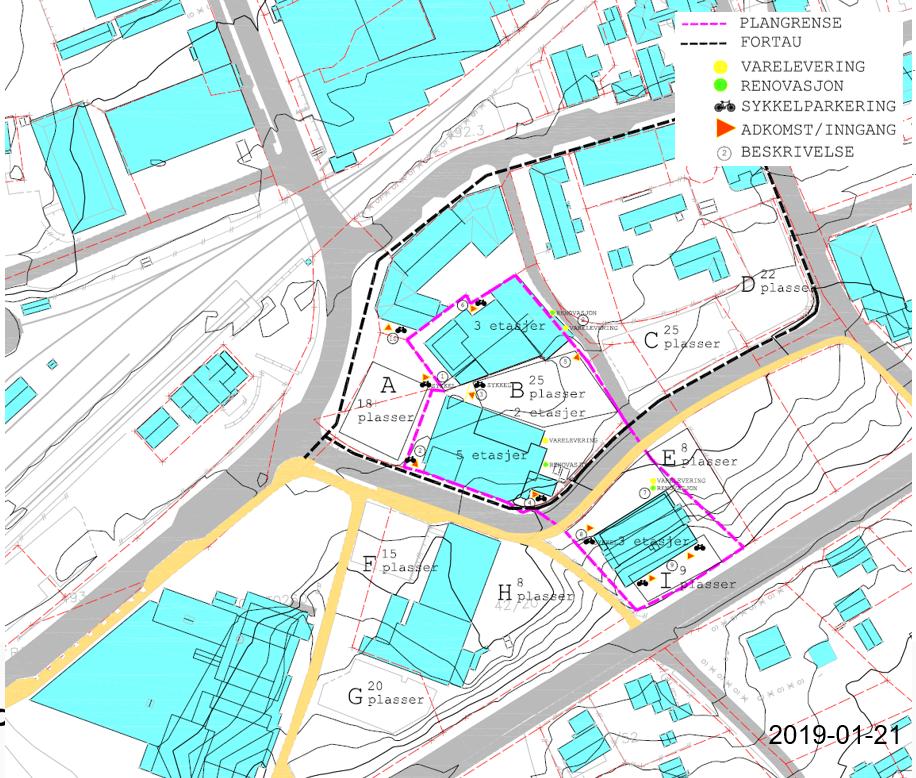 Figur 7. Figuren viser fordeling av og antall bilparkeringsplasser innenfor og rett utenfor planområdet. Innganger og plassering av sykkelparkering er også vist. 3.4.