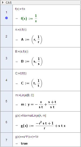 Oppgave a Definerer funksjonen f Definerer punktene A, B og C Definerer linja m gjennom B og C Definerer den rette linja som går gjennom A og står normalt på m ved en funksjon g Sjekker at