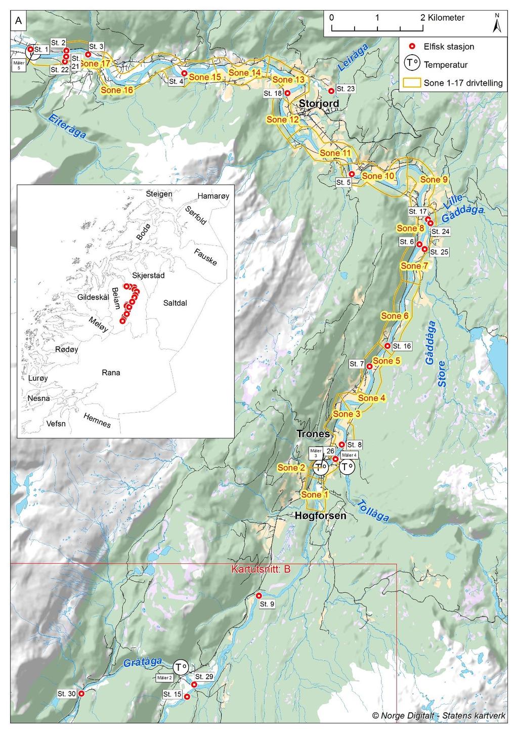 Figur 1. Beiarelva fra Gråtåga til elvemunningen ved Moldjord.