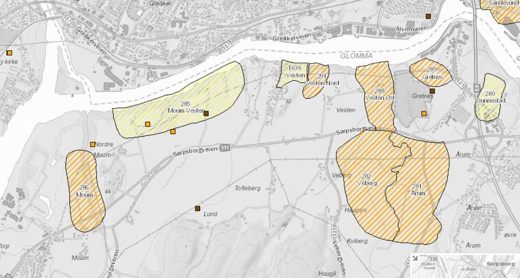 DATARAPPORT- GREÅKERVEIEN 123 5.2 Forekomst av kvikkleire og skredhendelser Det er registret kvikkleire i områder langs Glomma, sør for planlagt tiltak, kfr. figur 4.