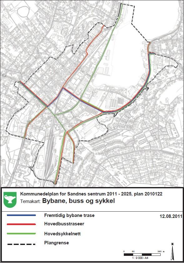 Gjeldende plan Planforslaget Temakart Bybane, buss og sykkel, figur
