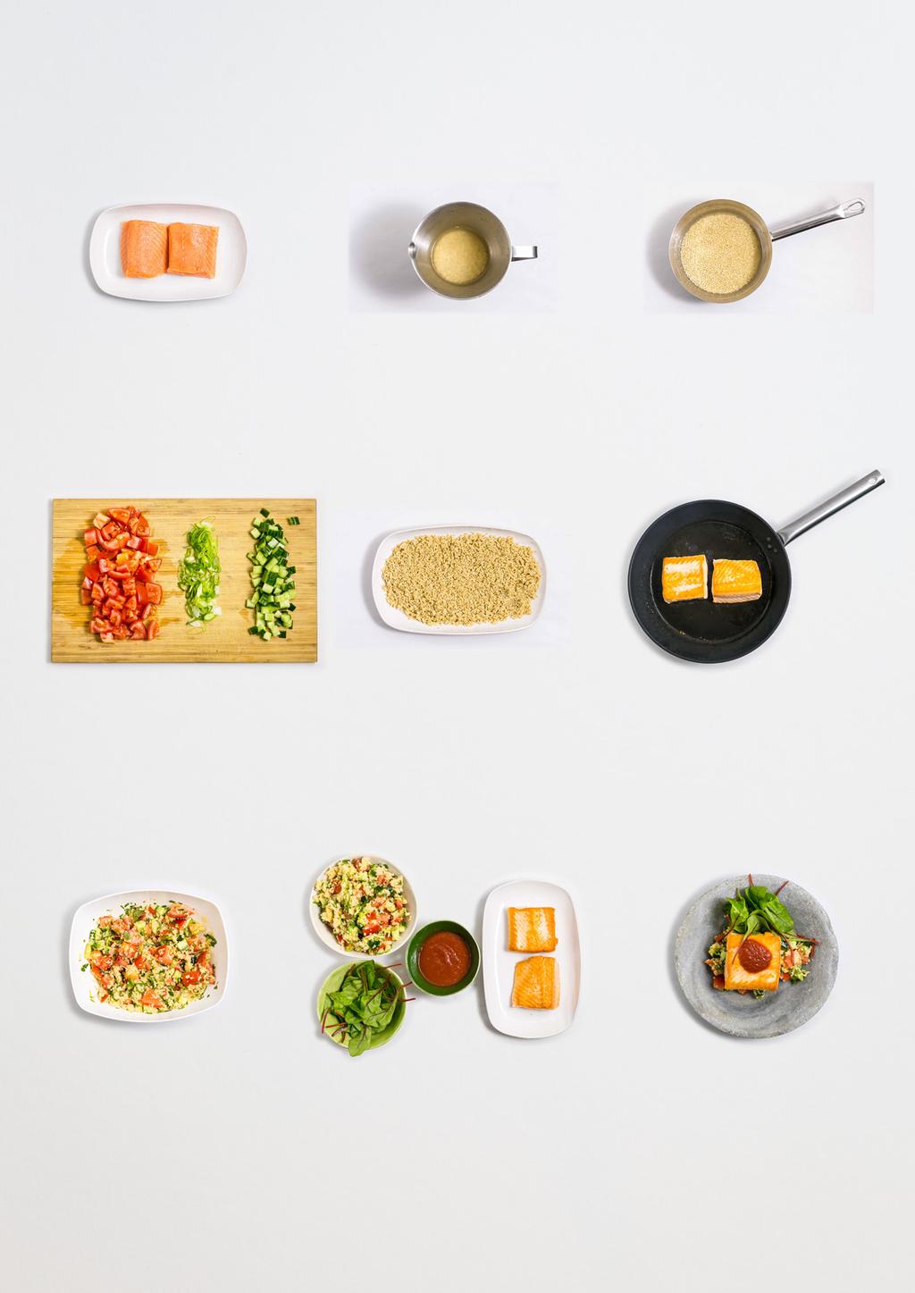 Pannestekt laks * Kokkelørens quino-salat og harissa-saus NB. Dersom du har stor familiekasse skal alle mengdene som er oppgitt i oppskriften alltid dobles.